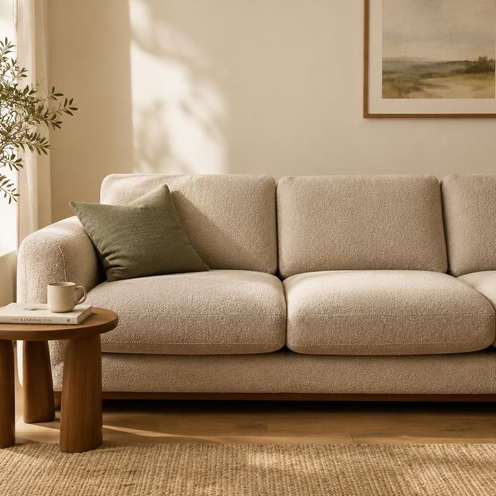 Beige bouclé sofa with a sage green cushion
